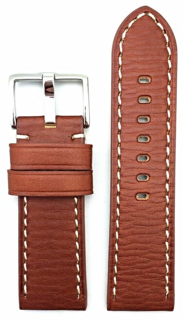 26mm Brown Leather Watch Band Compatible with Panerai Watch, Flat Padded Replacement Wrist Strap Bracelet with Off-White Stitches that brings New Life to Any Watch (Mens Standard Length), Bracelet