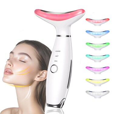 Facial and Neck Beauty Massager,7 Color Face and Neck Beauty Device with 3 Massage Modes,at Home Face Culpting Tool for Skin Care(White)
