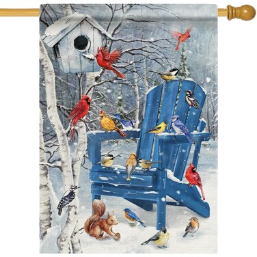 Covido Winter Blue Chair Birds Decorative House Flag, Christmas Cardinal Blue Jay Bluebird Chickadee Squirrel Birdhouse Garden Yard Decorations, Seasonal Outdoor Large Home Decor Double Sided 28 x 40