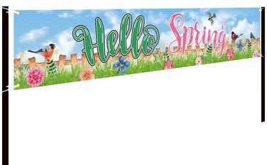 HHERCICIM Hello Spring Large Banner Birds with Flowers Banner,Welcome Home Outdoor Flag Sign Decorations Holiday Party Polyester Outdoor Decor with Brass Grommets 8.2x1.64 Ft