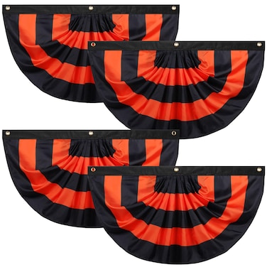 Newwiee 4 Pcs Flag Bunting Halloween Bunting Half Fan Hanging Pleated Flag Banner with 3 Grommets 3 x 1.5 ft for Halloween Indoor Outdoor House Holiday Yard Decorations Party Props (Black Orange)