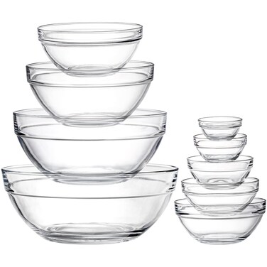 Lawei Set of 9 Glass Mixing Bowls - Glass Nesting Bowls Glass Prep Bowls Clear Glass Salad Bowls for Kitchen Prep Salad, Cereal, Ice Cream, Pasta, Fruits