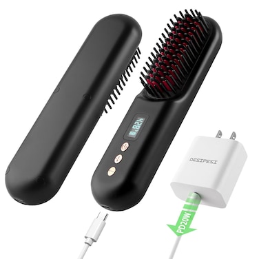Cordless Hair Straightener Brush, Portable Ionic Hot Comb for Travel, Lightweight &amp; Rechargeable with PD 20W Fast Charger, 8000mAh Battery, LCD Temp &amp; Battery Display for Effortless Styling On The Go