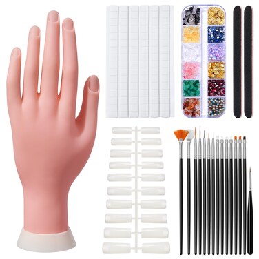 Practice Hand for Acrylic Nails,Nail Mannequin Hands for Nails Practice,Fake Nail Training Hand Manicure, Flexible Bendable Nail Hand with 100PCS Nail Tips,Painting Pen,Nail Clay and Nail Rhinestones