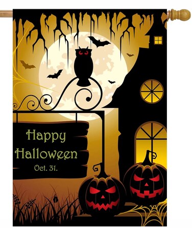 Pickako Happy Halloween Hallowmas Holiday Scary Bats Jack-O-Lantern Pumpkins Owl Moon House Flag 28 x 40 Inch, Double Sided Large Garden Yard Welcome Flags Banners for Home Lawn Patio Outdoor Decor