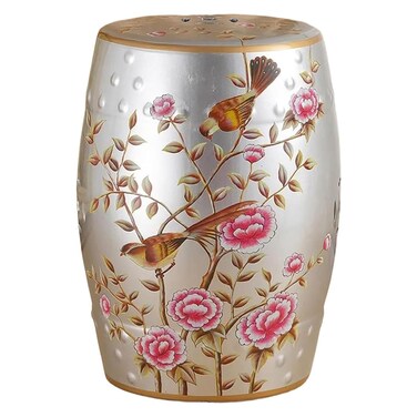 LANYANZI Chinoiserie Ceramic Drum Garden Stool,Decorative Garden stools, Glazed Hollow Flower and Bird Changing Stool,Suitable for Living Room,Balcony,Garden,Etc (Silver)