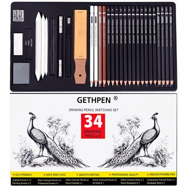 Drawing Sketching Pencils Set,34 Pieces Pro Art Pencil Kit - Graphite Pencils (14B-4H),Charcoal Pencils, Charcoal Sticks,Sketching Pencils,Graphite Pencils,Artist Pencils for Beginners &amp; Pro Artists