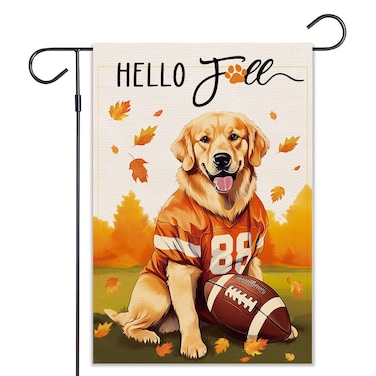 Balgardekor Football Fall Golden Retriever Garden Flag For Outside Welcome Burlap Flag Fall Decorations Outdoor Dog Thanksgiving Holiday Yard Flag 12&times;18 Inch Double Sided Autumn Halloween (Football