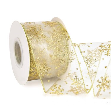 Christmas Wired Ribbon 2.5 Inch Snowflake Glitter Wired Ribbon,Christmas Tree Ribbon Snowflake Ribbon Gold Christmas Decor,for Wreath,Xmas Tree,Christmas Gift Decoration(Golden, 10 Yards)
