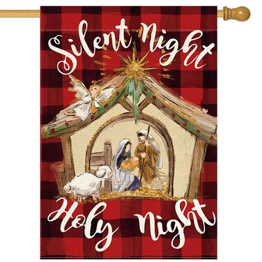 RABUSOFA Christmas Jesus Nativity House Flag 28x40 Inch Double Sided for Outside, Silent Holy Night Buffalo Plaid Winter Holiday Religious Xmas Yard Outdoor Decorative Porch Flag 63-28