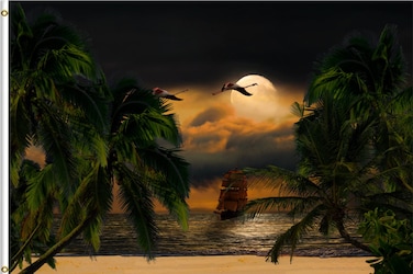 Masquita Pirate Ship Flags with Beach and Coconut Trees 3x5FT Indoor Outdoor Vivid Color Double-Stitched Edges and Flags with Two Brass Grommets. (3x5)