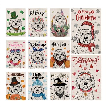 Seasonal Garden Flags Golden Doodle Double Sided Flags Set of 11 Holiday Farmhouse Indoor Outdoor Yard Lawn Decorations 12.5x18 Inch