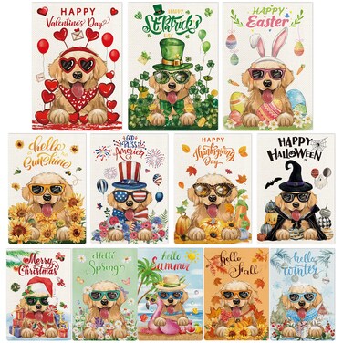 Golden Retriever Seasonal Garden Flags Set of 12, Welcome Seasonal Garden Flags 12x18 Double Sided, Dogs Garden Flags for All Holidays, Fall Winter Halloween Christmas Flag for Outdoor Farmhouse Decor