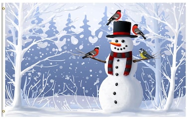 ShineSnow Christmas Winter Snowman and Birds in Seasonal Snow-Covered Forest 3x5 Feet Flag, Polyester Double Stitched with Brass Grommets 3 X 5 Ft Flag for Outdoor Indoor Home Decor