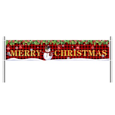 SENSEVEN Merry Christmas Banner 8.2 x 1.5 Ft, Snowman Cardinal Holly Red Berries Buffalo Plaid Christmas Outdoor Banner, Red Happy Christmas Outdoor Holiday Xmas Banner for Garage Balcony Fence Decor