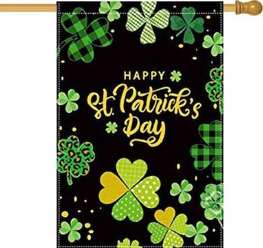 LHSION Happy St Patricks Day House Flag 28 x 40 Inch Lucky Shamrock Clovers Decorative Double Sided Burlap Flag for Farmhouse Yard Outdoor Holiday Decor
