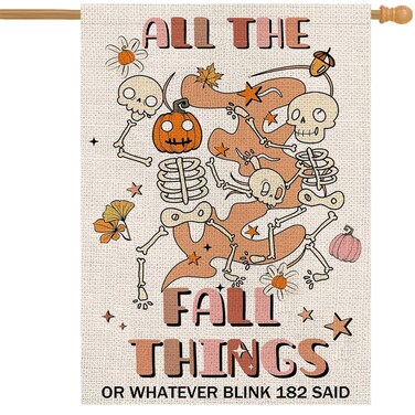 Fall Garden Flag Funny Skeleton Pumpkin Double Sided All The Fall Things Flag Seasonal Autumn Yard Outdoor Decorations 28x40 Inch