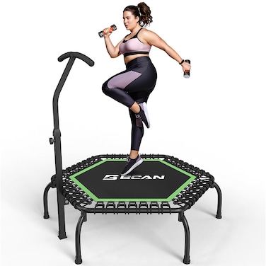 BCAN 48" Mini Trampoline, 550 LBS Fitness Trampoline with T-Adjustable Handle Bar, Bungees, Stable &amp; Quiet Exercise Rebounder for Adults Indoor/Garden Workout-Green