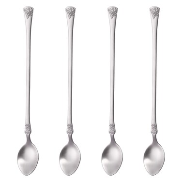 Mafier Luxurious 9 Inch Long Iced Tea Spoon Set, 4 Pieces Modern Design with Matte Stain Finish, 18/10 Staniless Steel, Perfect for Tall Glass, Cocktails and Dishwasher Safe(Silver)