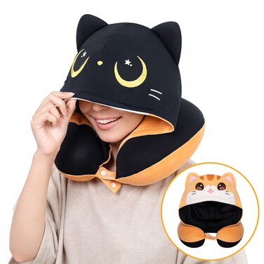 Mewaii Travel Neck Pillow with Hood, Cute Cat Neck Pillow for Teenagers &amp; Adults, Memory Foam Neck Pillow for Flight Headrest Sleep, Reversible Travel Pillow with Black Cat &amp; Brown Cat