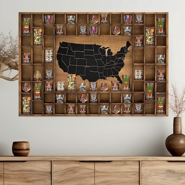 GlikCeil Large US Map 68 Slots Shot Glass Display Case 40 x 28'' Jumbo Rustic Wood Shot Glass Holder for Different Size Shot Glass Shelf Organizer Wall Mount Pint Shot Glass Storage Shadow Cabinet