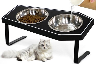 Cat Food Bowls Elevated, Gothic Cat Bowls, Raised Cat Bowls for Indoor Cats with Non-Slip Stand &amp; Wood Board, Stainless Steel and Whisker Friendly Food Bowls