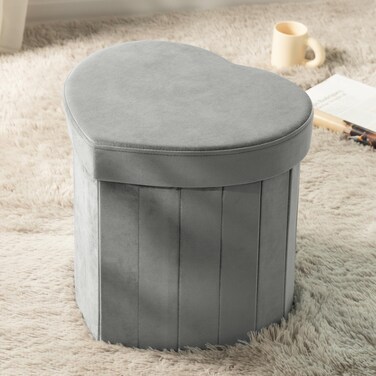 Ashler Grey Storage Ottoman, Heart Shaped Footstool, Velvet Foldable Ottoman, Folding Storage Ottoman for Living Room, Bedroom, Kid, Weight Capacity 220 lbs, 25 Liters Capacity, 15IN