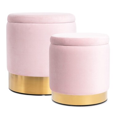 BRIKY Round Storage Ottoman, Pink Velvet Ottoman with Storage for Living Room, Upholstered Ottoman Foot Rest Stool with Gold Plating Base, Pack of 2 Vanity Accent Chairs for Bedroom