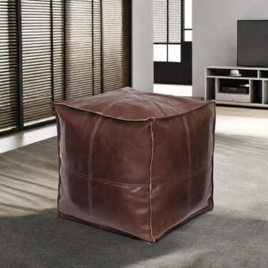 HEAVEN HUSH CRAFTING ELEGANCE Luxurious Indian Handmade Leather Ottoman Pouf Cover with Crunch Design Chic Home Decor Footrest Footstool for Home and Living Room (18x18x18 Inch, Brown Oil)