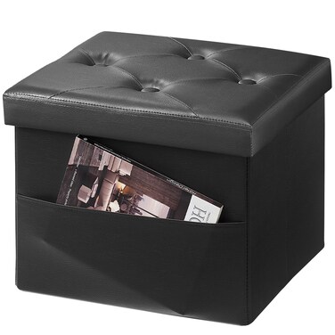 AmasSmile Storage Ottoman Folding Foot Rest Stool, Leather Footstool Bench, Short Ottoman Stool, Storage Foot Rest Store, Books (Side Pocket Black, 13" D x 17" W x 13" H)