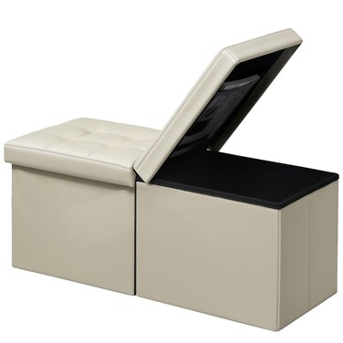 AmasSmile Footrest Ottoman Bench with Storage,34Inch Beige Leather Footstool, Coffee Table, Padded Seat, Storage Chest,Blanket Store with Flipping Lid for Livingroom and Bedroom