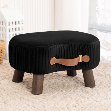 LUE BONA Small Curved Foot Stool with Handle, Black Velvet Footstool and Ottomans, Modern Foot Rest with Wooden Legs, Step Stool with Padded Seat for Couch, Living Room&hellip;