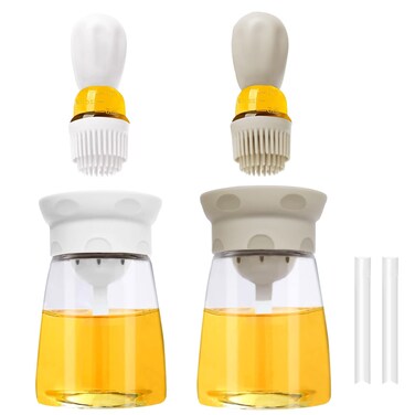 TINMIX Oil Dispenser with Brush - 2 Pack 2022 Glass Olive Oil Dispenser Bottle for Kitchen with Silicone Basting Brush BBQ Grilling Baking Cooking, T-OB22, Grey+White