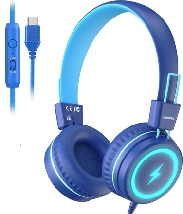 KONNAO Kid Headphones for School, USB Type C Kids Headphone with LED Lights, Wired Boys Girls Headphones with Safe Limiter 85dB/94dB, Foldable On Ear Headphones with Microphones for School/iPad