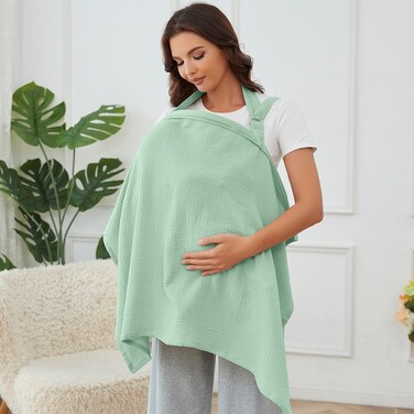 Muslin Nursing Cover for Breastfeeding, Breathable 100% Cotton Privacy Nursing Covers with Rigid Hoop for Mother Nursing Apron, Include Burp Cloths, Soft Arch Neckline Nursing Apron (Mint Green)