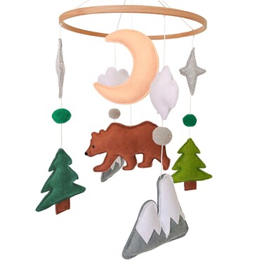 Woodland Baby Mobile, Woodland Mobile for Crib, Bear Crib Mobile for Boys, Nursery Mobile for Bassinet, Pack and Play, Bear Cloud Moon Star Mobile, Mountain Nursery Decor