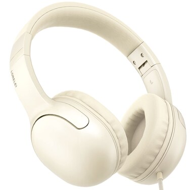 LORELEI E5 Wired Headphones for Kids Foldable &amp; 3.5mm Jack Tangle Free Nylon Wire Stereo On Ear Headsets for Kids/Children/School/Tablet/Ipad/Kiddle/Plane (Beige White)