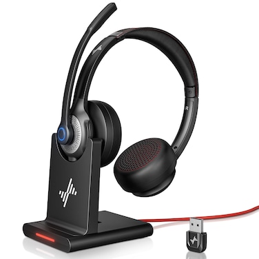 JIAMQISHI Wireless Headset with AI Noise Cancelling Microphone Bluetooth Headset - Bluetooth V5.2 Headphones with USB Dongle, Charging Base &amp; Mic Mute for Computer/Laptop/PC/iPhone/Android/Cell Phones