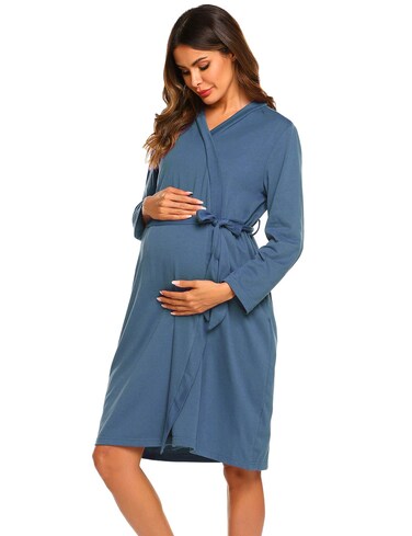 Ekouaer Womens Maternity Robe, 3 in 1 Labor Delivery Nursing Gown, Hospital Breastfeeding Dress, Bathrobes, A_Blue, X-Large