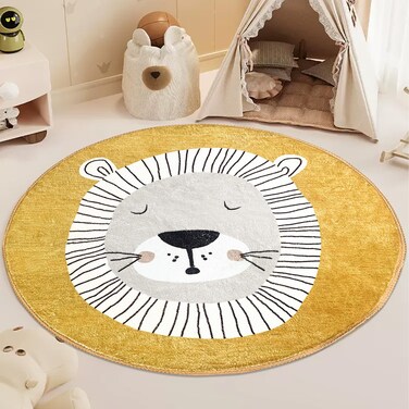 USTIDE Cute Kids Rug Cartoon Lion Rug Round Animal Rug Yellow Lion Play Mat Baby Crawling Carpet Soft 4Ft Circle Rug for Boys Girls Bedroom Kids Playroom Classroom Nursery Decor