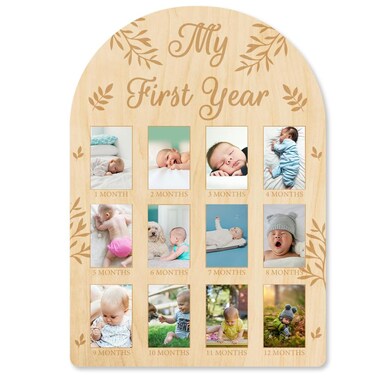 ORIGACH My First Year Baby Growth Photo Display Wood Board - 12 Months Newborn Milestones Picture Frame - Neutral Baby Keepsake Board 1st Birthday Party Nursery Decor New Mom Gift - Leaves Pattern