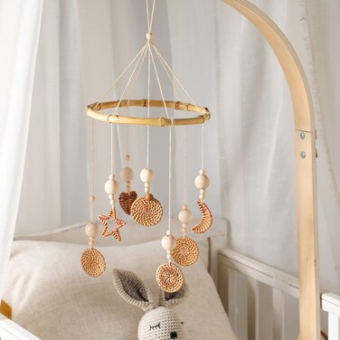 Baby Crib Mobile Modern Boho Baby Mobile for Crib Gender Neutral Nursery Mobile for Girl or Boy Handmade Mobile Ceiling Rattan Mobile