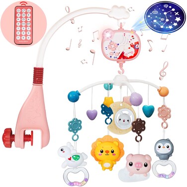 Baby Mobiles for Cribs, Crib Mobile with Music and Lights, Nursery Musical Mobile for Bassinets Hanging Toys with Remote Control, Rotation, Projection, Animal Mobile Arm Clip On for Infant Boys Girls