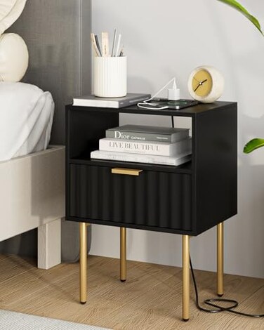 Aienvey Night Stand with Charging Station, Fluted Bedside Table with Storage Drawer and Open Wood Shelf, End Table with Gold Frame for Bedroom, Living Room, Modern Black Nightstand