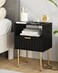 Aienvey Night Stand with Charging Station, Fluted Bedside Table with Storage Drawer and Open Wood Shelf, End Table with Gold Frame for Bedroom, Living Room, Modern Black Nightstand