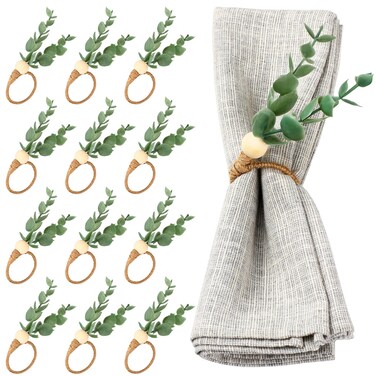 Chengu 6 Pieces Napkin Rings Set Eucalyptus Napkin Rings Greenery Leaf Boho Napkin Rings Rustic Farmhouse Wooden Napkin Holders for Wedding Home Dining Banquet Christmas Easter Holiday Table Decor