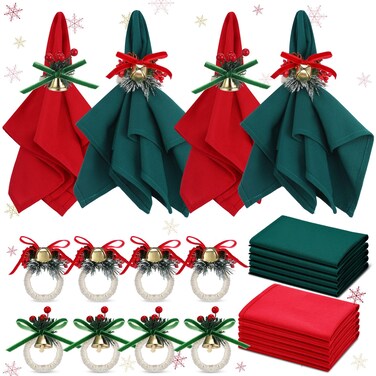 Ziliny 16 Pcs Cotton Christmas Napkins and Rings Set 8 Pcs Washable Christmas Napkins Cloth 8 Pcs Christmas Napkin Rings Holder for Home Dinner Table Setting Xmas Party Supply (Bell Pine Flower)