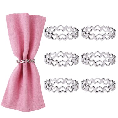 Silver Love Napkin Rings Set of 6, Valentine's Day Napkin Rings, Metal Heart Napkin Rings Holders for Valentine's Day, Mother's Day, Wedding, Anniversary Dinners, Parties Table Decoration