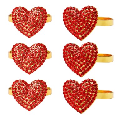 Red Heart-Shaped Napkin Rings Set of 6 with Gold Alloy Base and Passionate Red Gemstones, Elevate Romance and Elegance on Your Dining Table on Valentine's Day Wedding Banquet Birthday Holiday Party