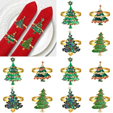 24 Pieces Christmas Napkin Rings Snowflake Napkin Ring Holder Christmas Tree Napkin Ring Buckle Rhinestone Pearl Metal Napkin Holder for Christmas Wedding Holiday Table Decoration (Christmas Tree)